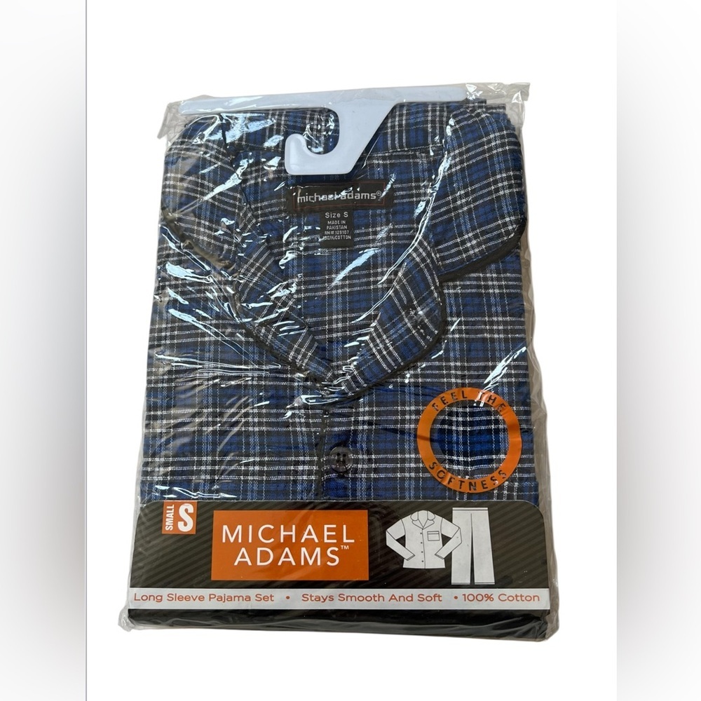 Michael Adams Blue White Black Plaid 2 Piece Flannel Pajama Set Mens Size S